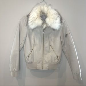 Faux fur Vegan Leather off white Jacket with removable fur. Size XS